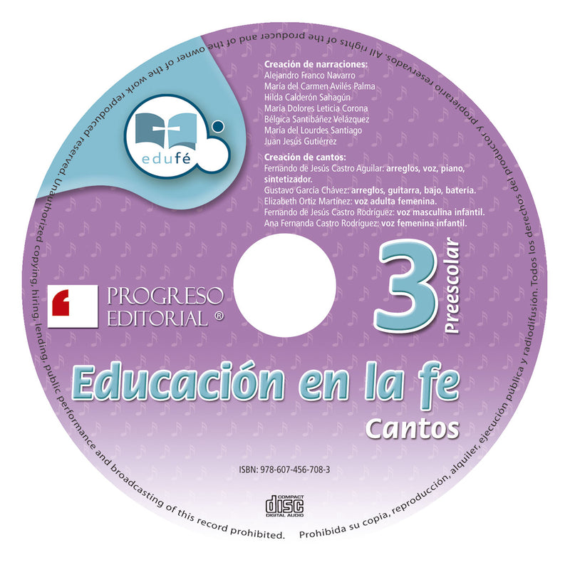 EDUCACIÓN EN LA FE 3° CD CANTOS Preescolar